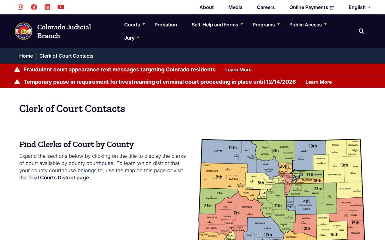 Colorado court records clerk contact directory by county