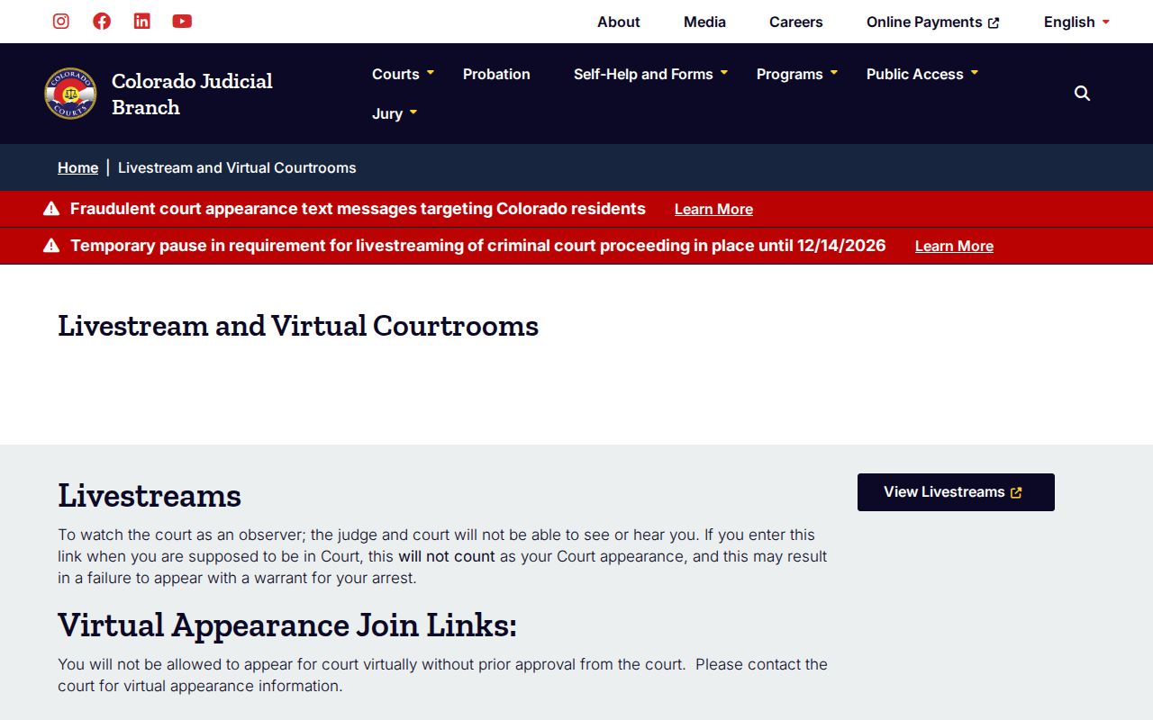 Colorado court docket calendar guidance during a temporary livestreaming pause