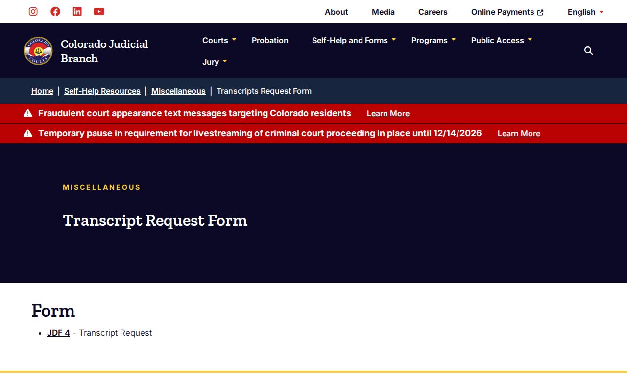 Colorado court reporter transcript request form fields