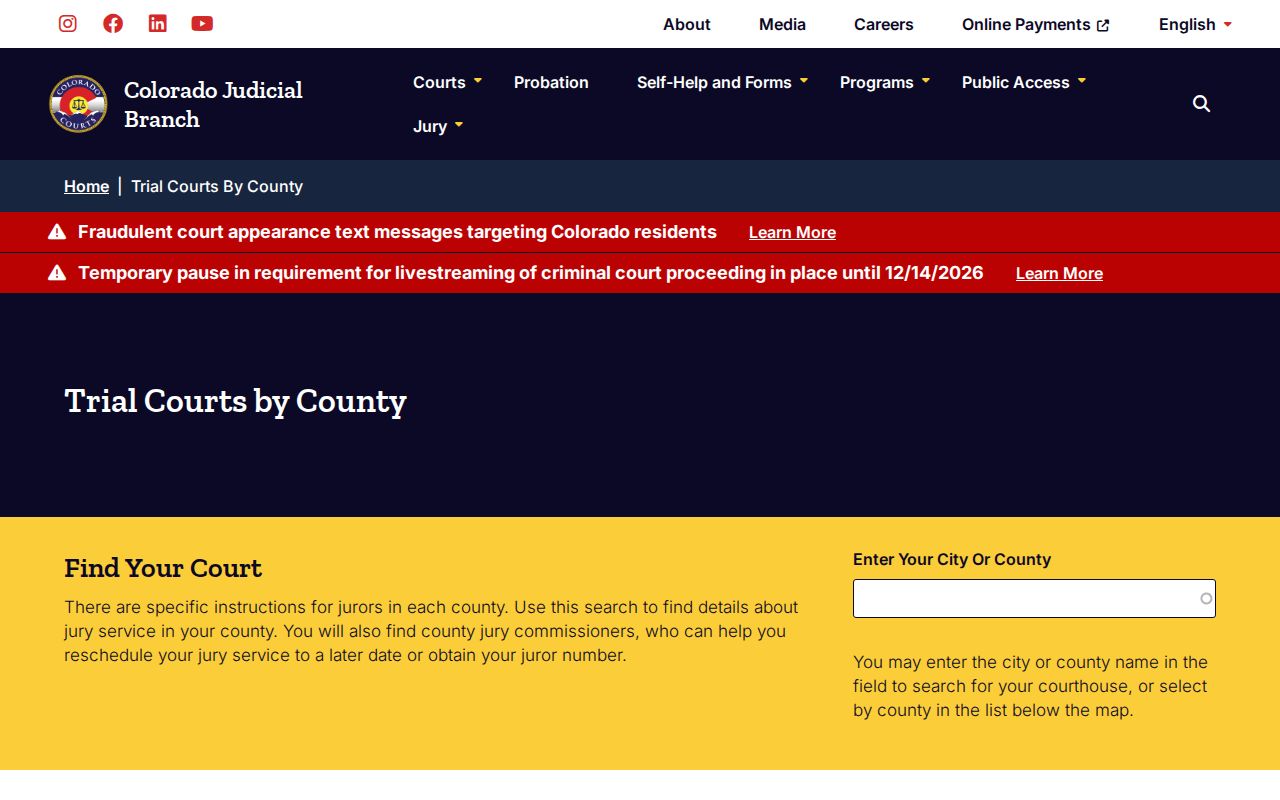 Colorado court docket routing through the Judicial Branch county court directory