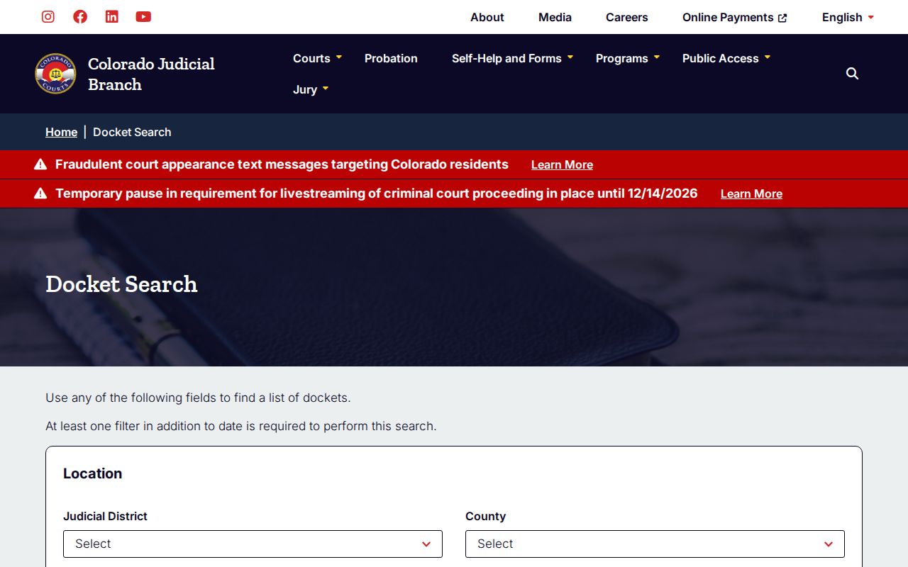 Colorado court docket search form with county and date filters