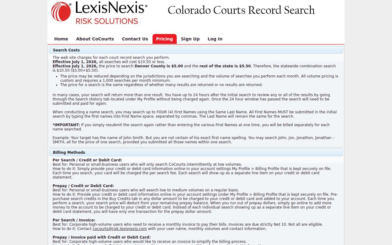 Colorado CoCourts record search price table