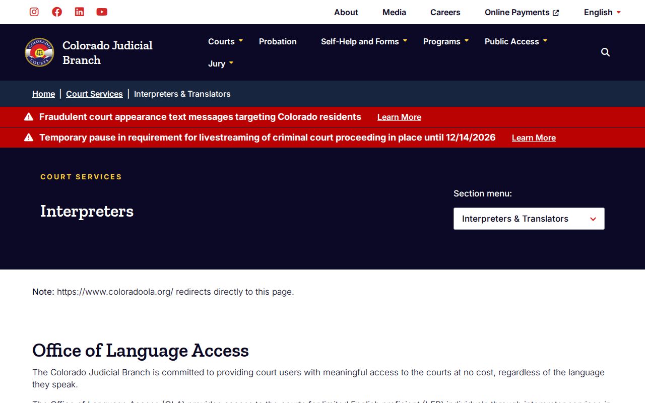 Colorado court docket access and statewide interpreter services
