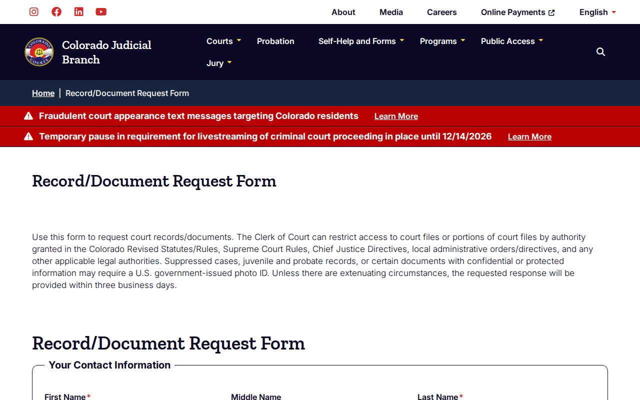 Colorado statewide court record and document request form